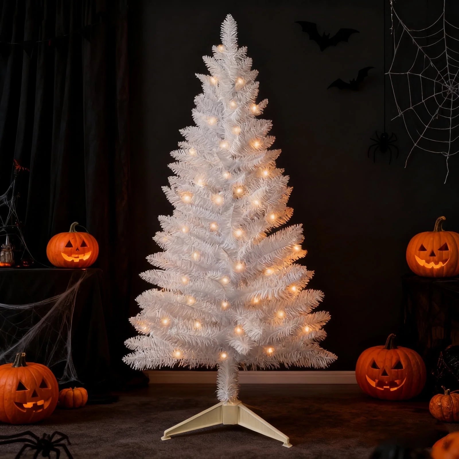 4FT White Artificial Christmas Tree with 50 String Lights, Mini Tinsel Tree, Not Pre-Lit, for Halloween & Holiday Home & Office Décor