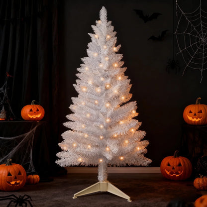 4FT White Artificial Christmas Tree with 50 String Lights, Mini Tinsel Tree, Not Pre-Lit, for Halloween & Holiday Home & Office Décor