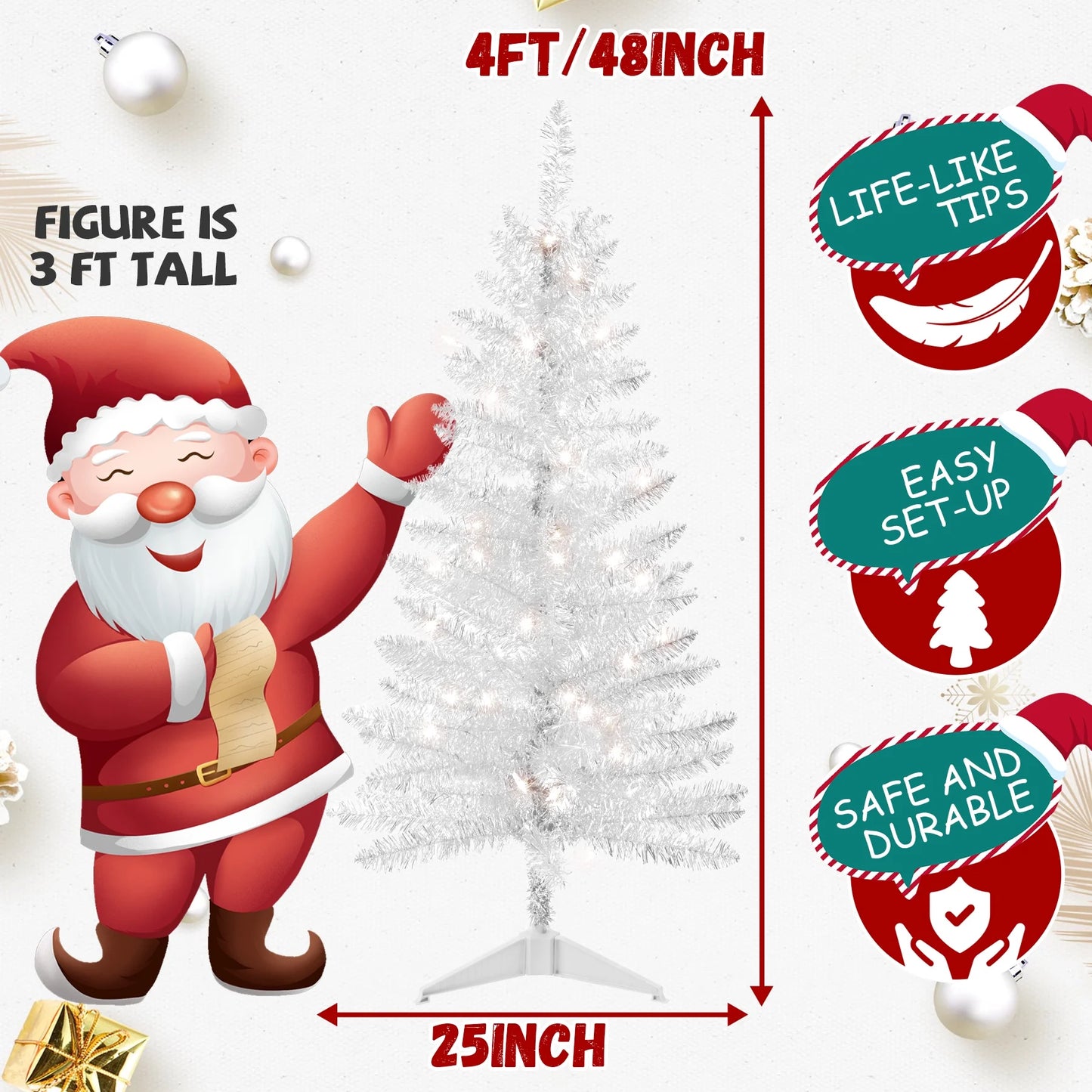 4FT White Artificial Christmas Tree with 50 String Lights, Mini Tinsel Tree, Not Pre-Lit, for Halloween & Holiday Home & Office Décor