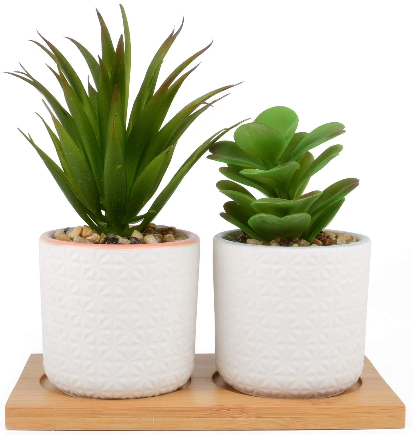 Set of 2 Artificial Succulent Plants, Fake Plants in White Ceramic Pots with Bamboo Tray, 6.5” Tall