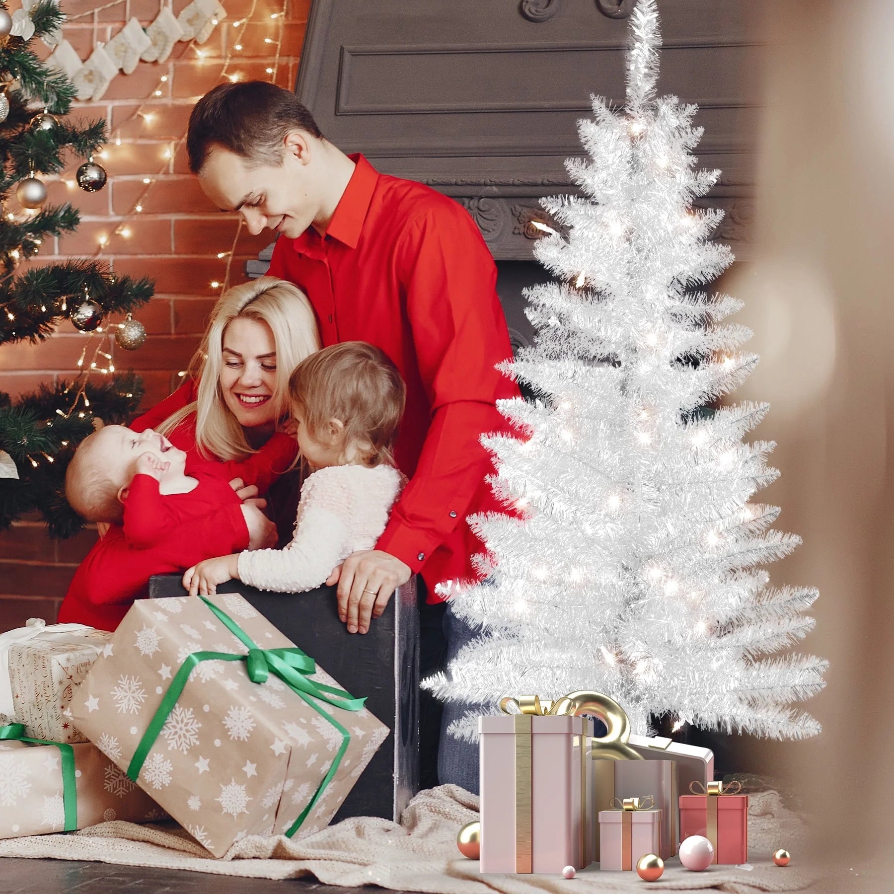 4FT White Artificial Christmas Tree with 50 String Lights, Mini Tinsel Tree, Not Pre-Lit, for Halloween & Holiday Home & Office Décor