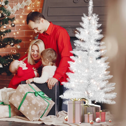 4FT White Artificial Christmas Tree with 50 String Lights, Mini Tinsel Tree, Not Pre-Lit, for Halloween & Holiday Home & Office Décor