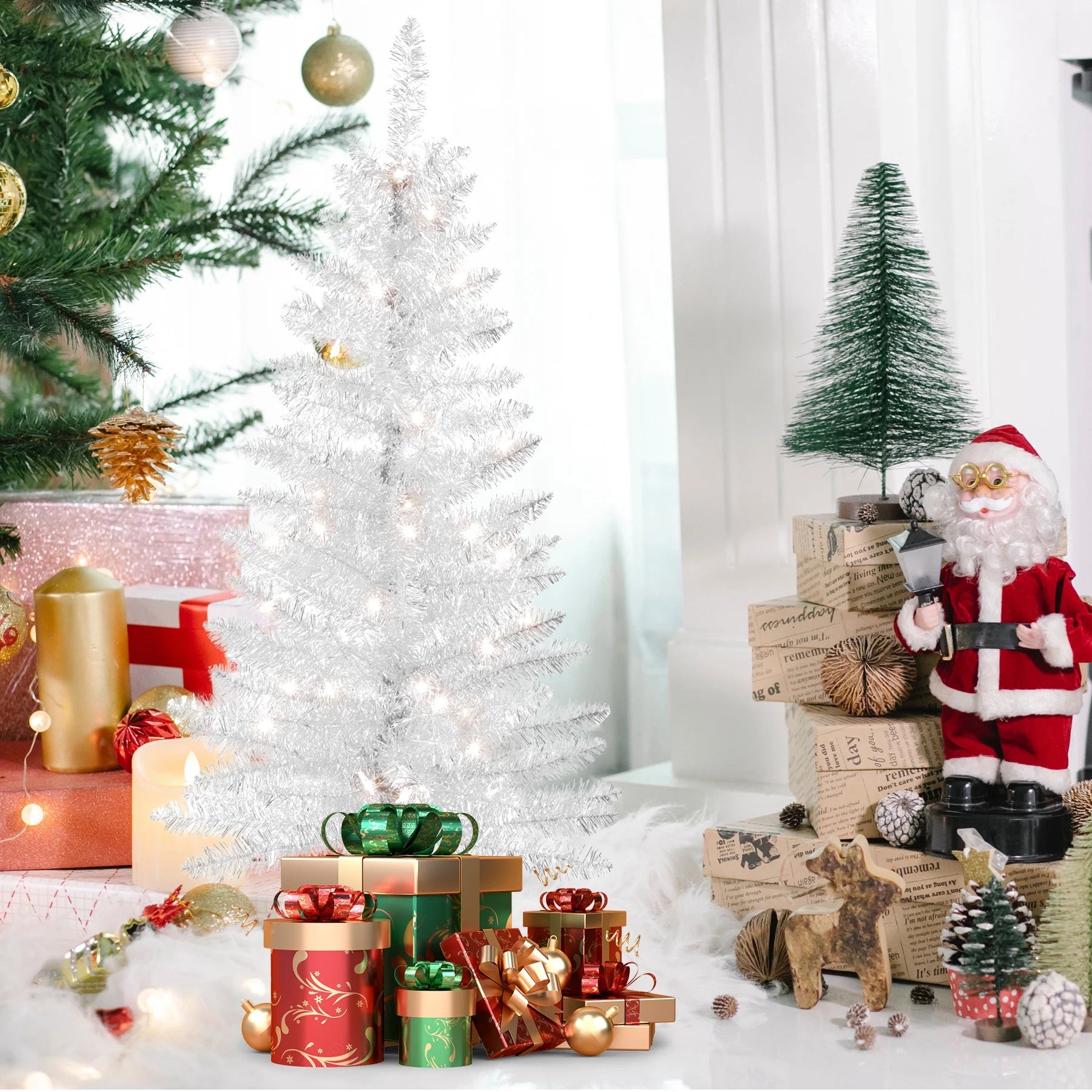 4FT White Artificial Christmas Tree with 50 String Lights, Mini Tinsel Tree, Not Pre-Lit, for Halloween & Holiday Home & Office Décor