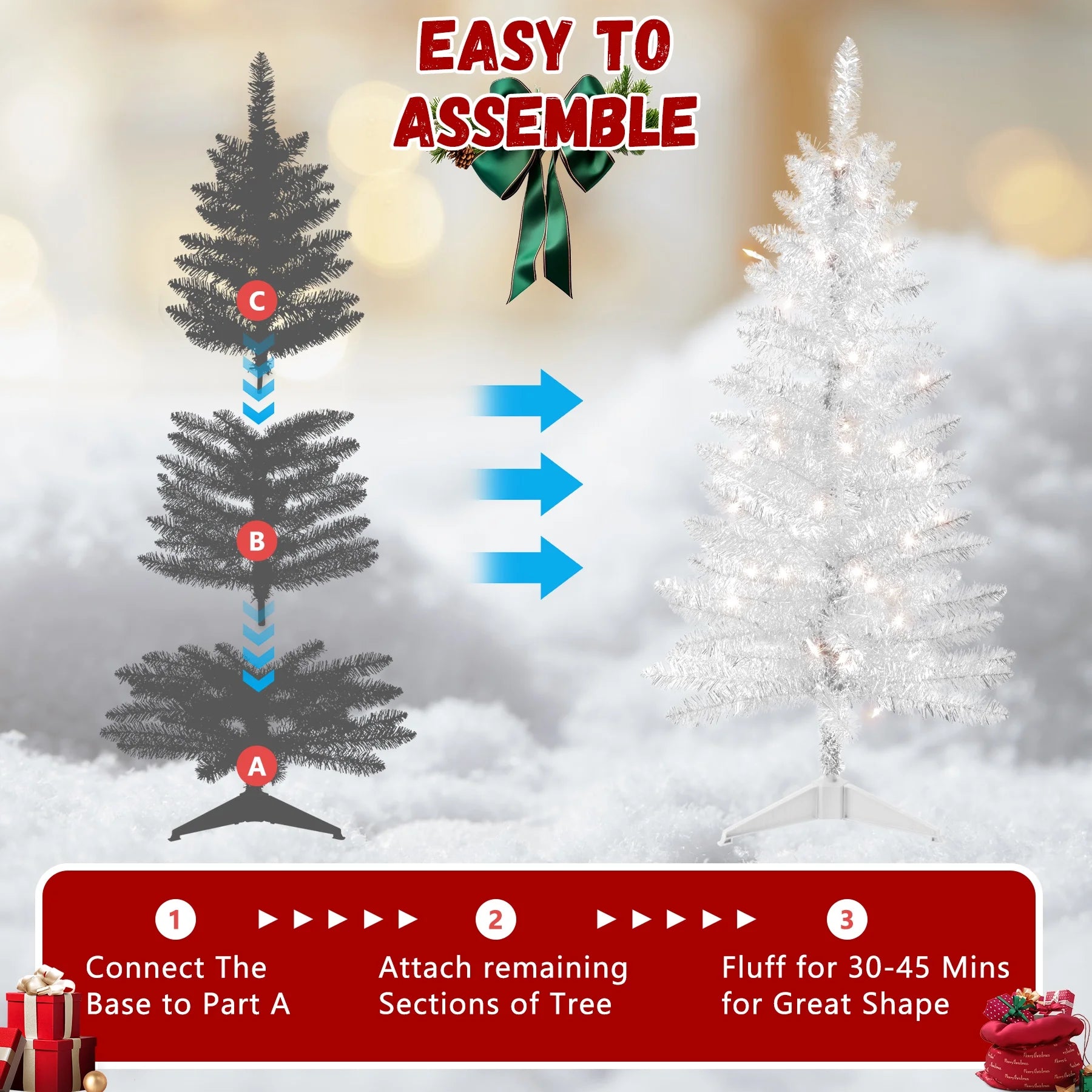 4FT White Artificial Christmas Tree with 50 String Lights, Mini Tinsel Tree, Not Pre-Lit, for Halloween & Holiday Home & Office Décor