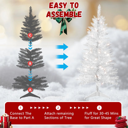 4FT White Artificial Christmas Tree with 50 String Lights, Mini Tinsel Tree, Not Pre-Lit, for Halloween & Holiday Home & Office Décor