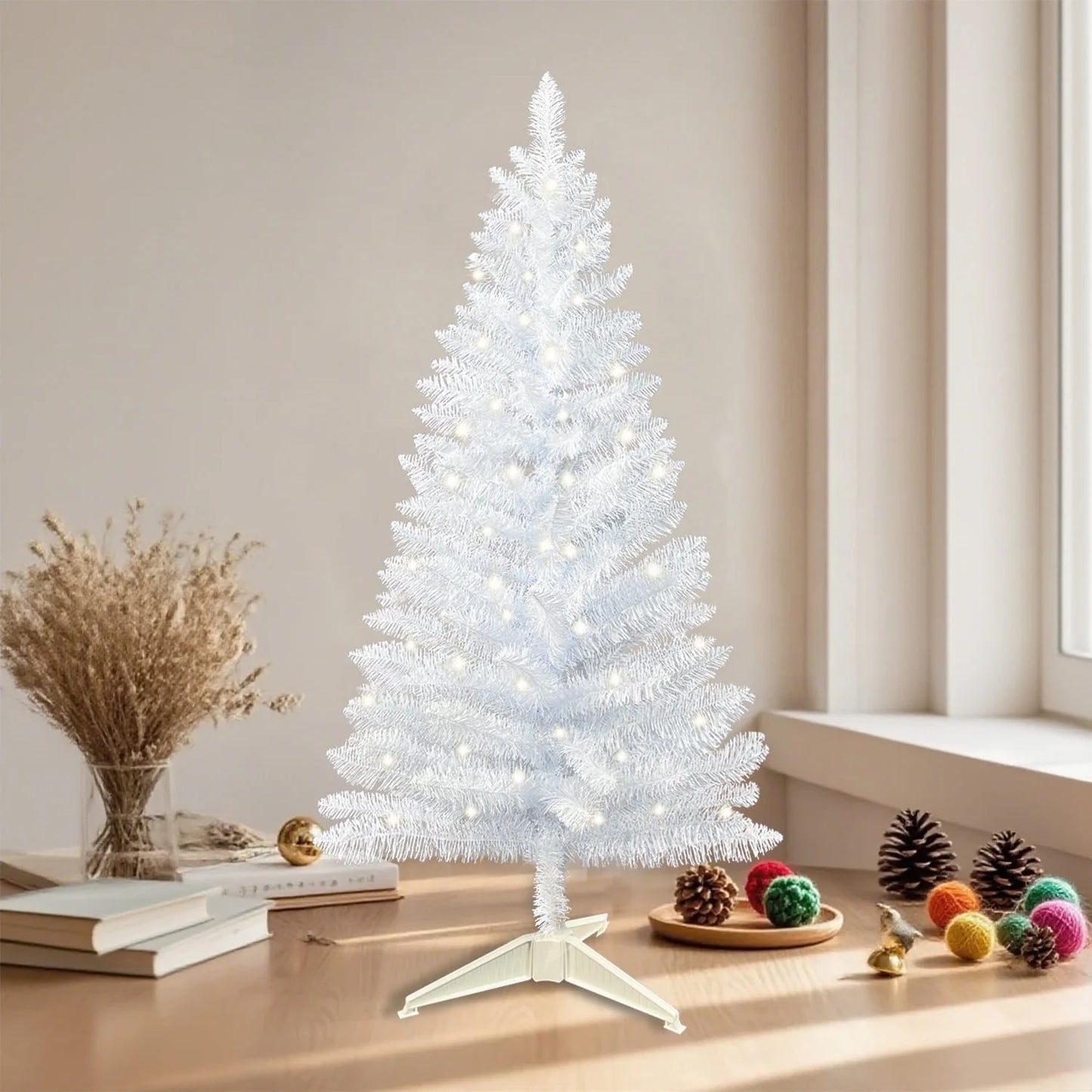 4FT White Artificial Christmas Tree with 50 String Lights, Mini Tinsel Tree, Not Pre-Lit, for Halloween & Holiday Home & Office Décor