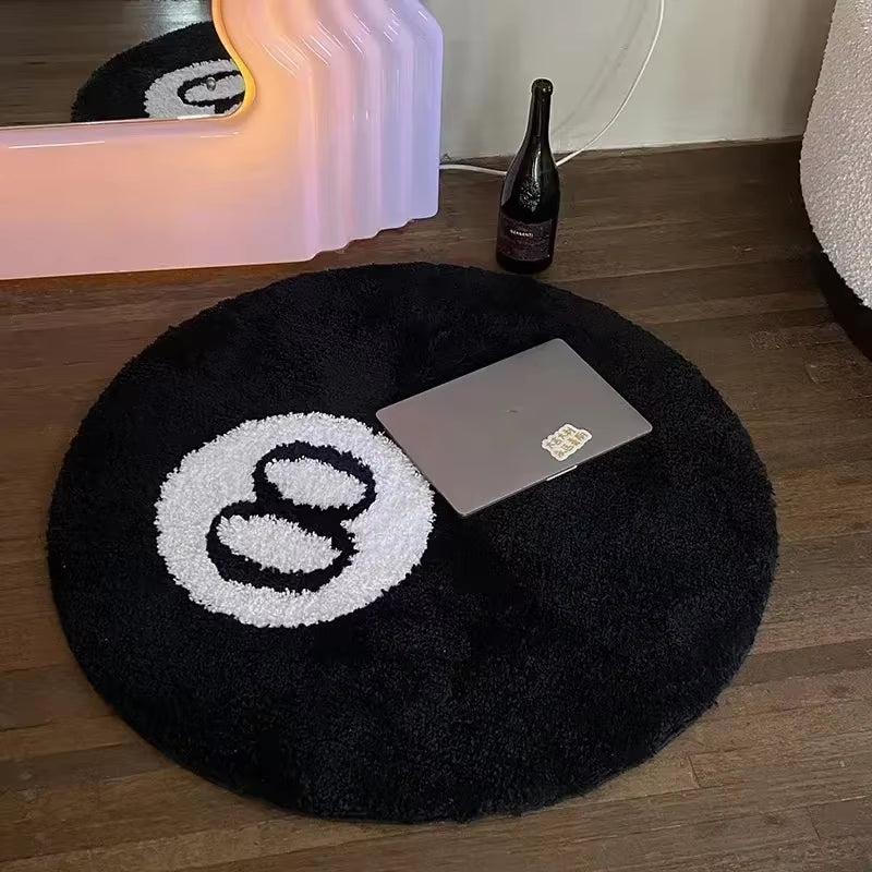 Plush Black 8 Ball Rug Creative Soft Anti-Slip 8 Ball Carpet round Skin Friendly 8 Ball Mat Hoom Decor