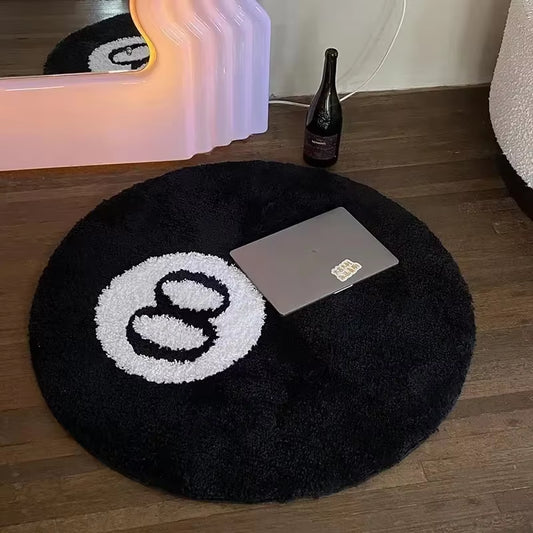 Plush Black 8 Ball Rug Creative Soft Anti-Slip 8 Ball Carpet round Skin Friendly 8 Ball Mat Hoom Decor