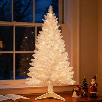 4FT White Artificial Christmas Tree with 50 String Lights, Mini Tinsel Tree, Not Pre-Lit, for Halloween & Holiday Home & Office Décor