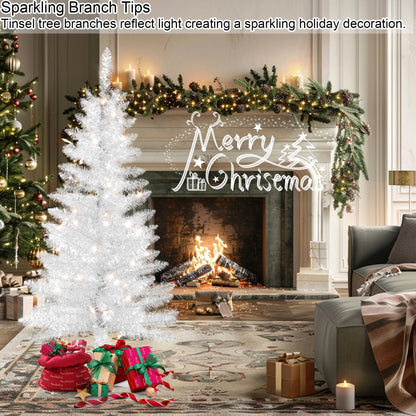4FT White Artificial Christmas Tree with 50 String Lights, Mini Tinsel Tree, Not Pre-Lit, for Halloween & Holiday Home & Office Décor