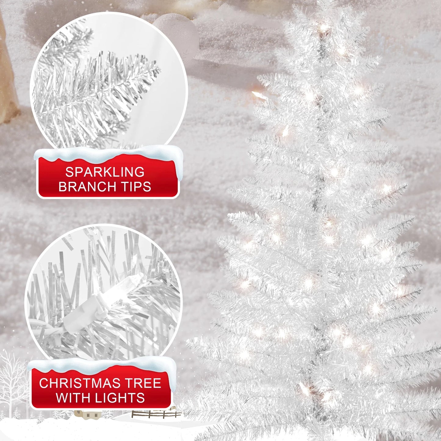 4FT White Artificial Christmas Tree with 50 String Lights, Mini Tinsel Tree, Not Pre-Lit, for Halloween & Holiday Home & Office Décor