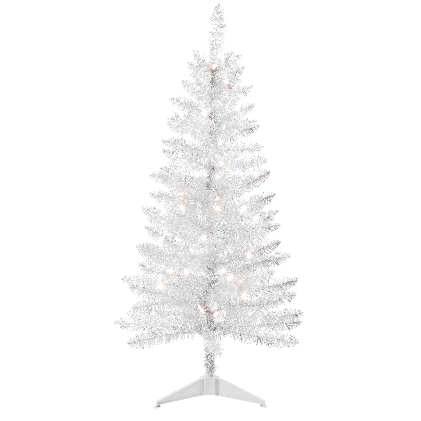 4FT White Artificial Christmas Tree with 50 String Lights, Mini Tinsel Tree, Not Pre-Lit, for Halloween & Holiday Home & Office Décor