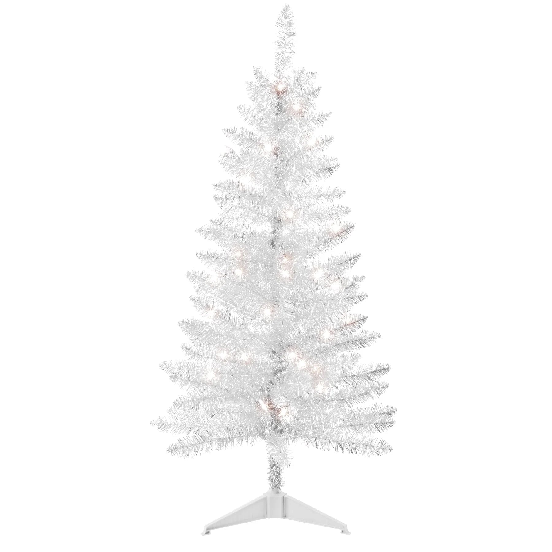 4FT White Artificial Christmas Tree with 50 String Lights, Mini Tinsel Tree, Not Pre-Lit, for Halloween & Holiday Home & Office Décor