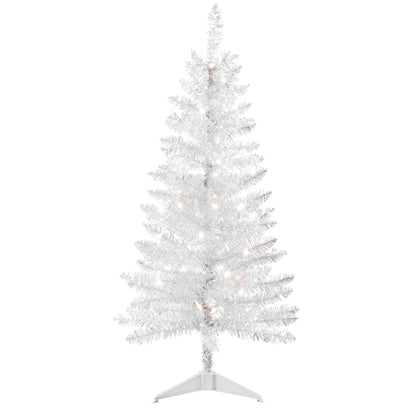 4FT White Artificial Christmas Tree with 50 String Lights, Mini Tinsel Tree, Not Pre-Lit, for Halloween & Holiday Home & Office Décor